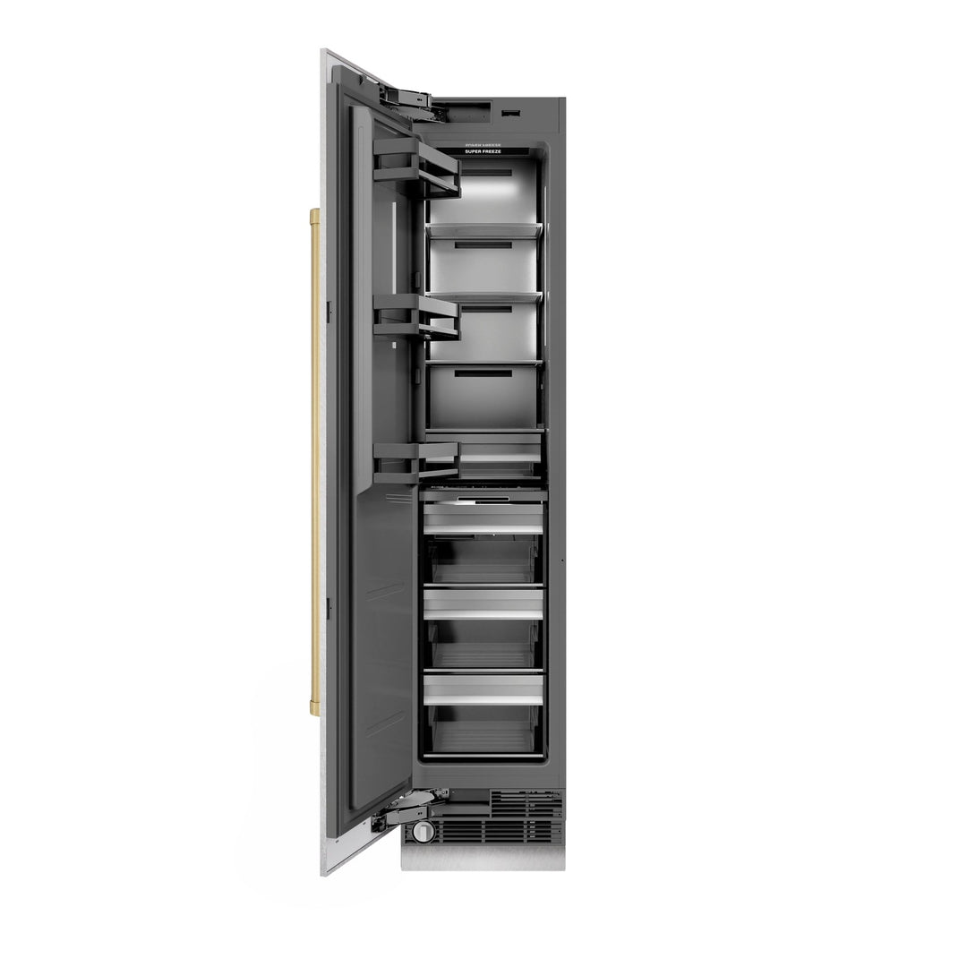 ZLINE Autograph Edition 18 in. 8.6 cu. ft. Left Hinge Column Freezer in Satin Stainless Steel with Graphite Gray Interior and Champagne Bronze Accents (RCFVLZ-SN-18-CB)