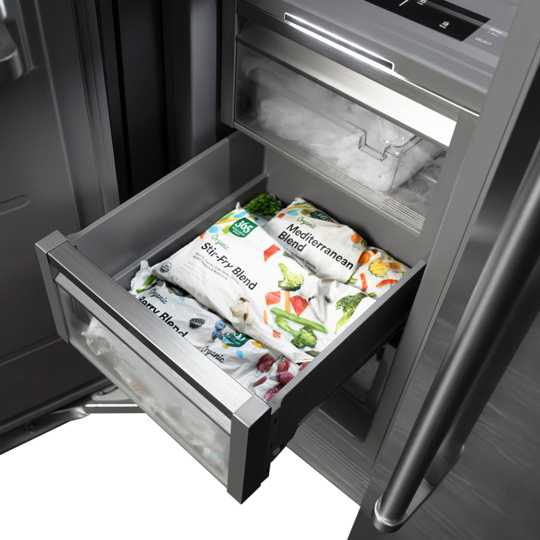 ZLINE Autograph Edition 18 in. 8.6 cu. ft. Left Hinge Column Freezer in Satin Stainless Steel with Graphite Gray Interior and Matte Black Accents (RCFVLZ-SN-18-MB)