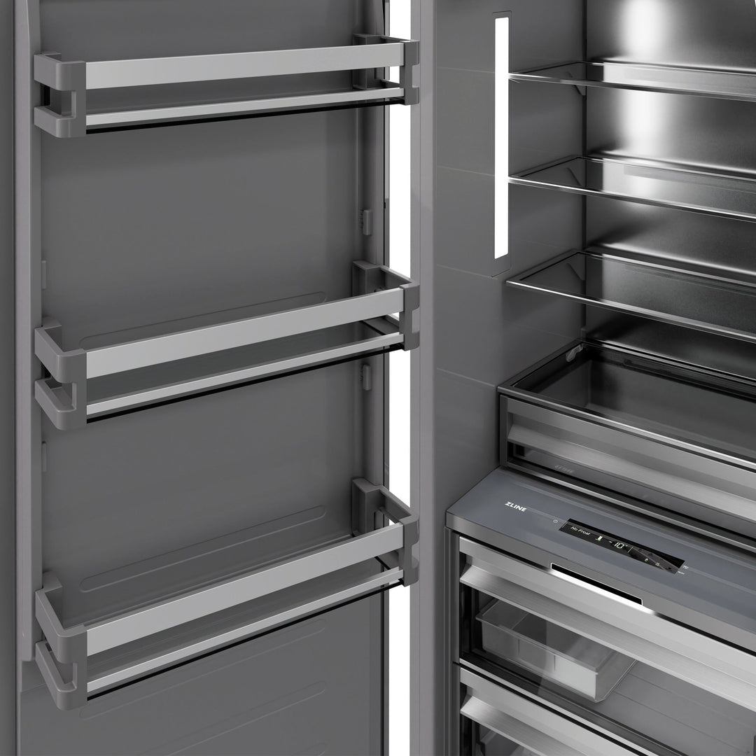 ZLINE Autograph Edition 18 in. 8.6 cu. ft. Left Hinge Column Freezer in Satin Stainless Steel with Graphite Gray Interior and Matte Black Accents (RCFVLZ-SN-18-MB)