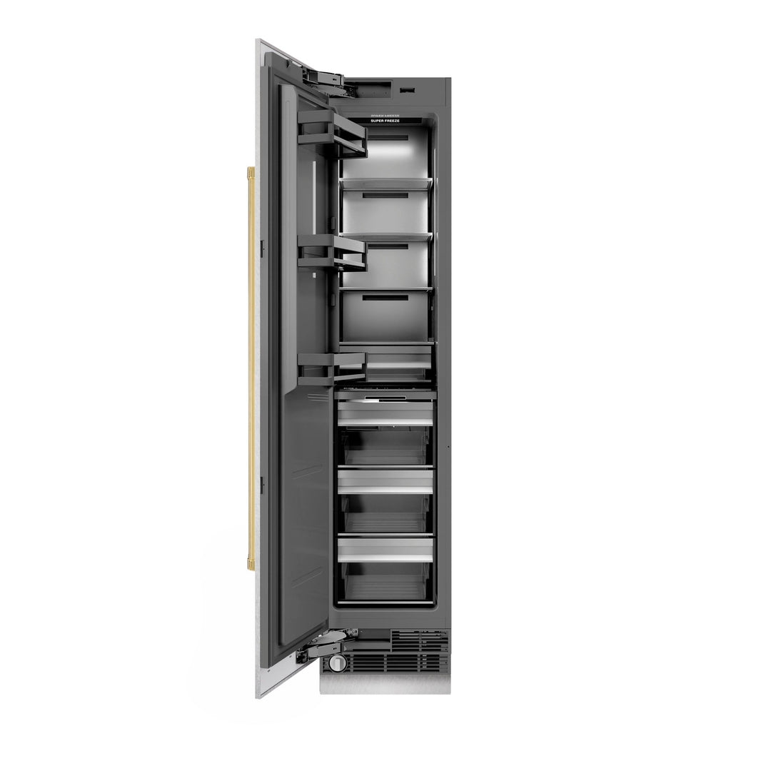 ZLINE Autograph Edition 18 in. 8.6 cu. ft. Left Hinge Column Freezer in Satin Stainless Steel with Graphite Gray Interior and Polished Gold Accents (RCFVLZ-SN-18-G)