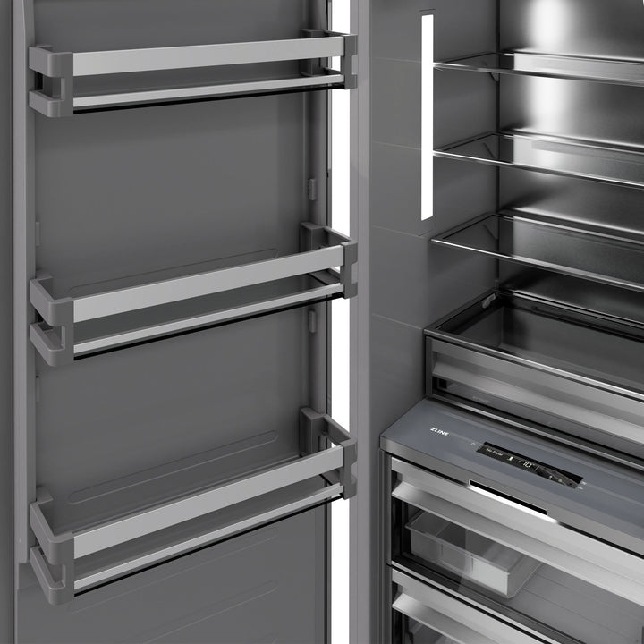 ZLINE Autograph Edition 18 in. 8.6 cu. ft. Left Hinge Column Freezer in Satin Stainless Steel with Graphite Gray Interior and Polished Gold Accents (RCFVLZ-SN-18-G)