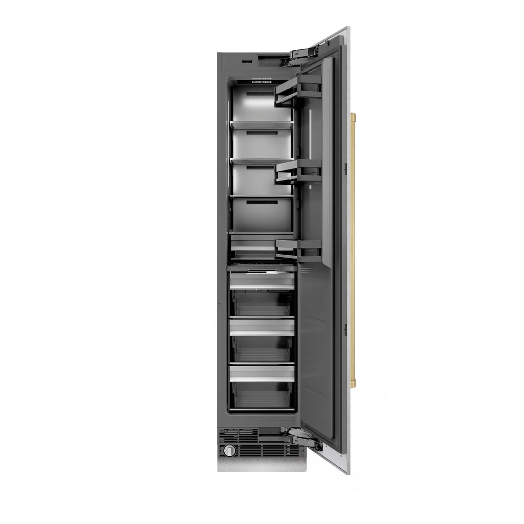 ZLINE Autograph Edition 18 in. 8.6 cu. ft. Right Hinge Column Freezer in Satin Stainless Steel with Graphite Gray Interior and Champagne Bronze Accents (RCFVRZ-SN-18-CB)