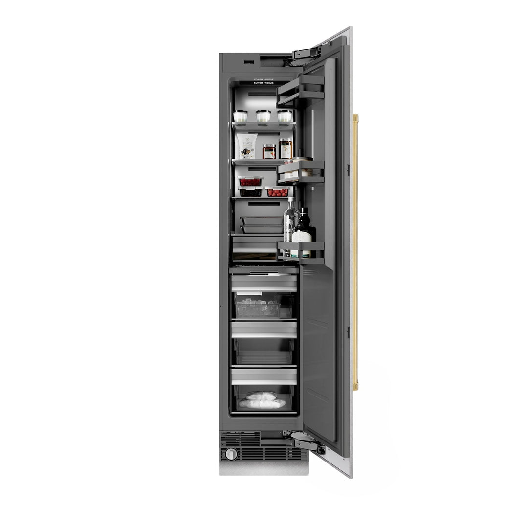 ZLINE Autograph Edition 18 in. 8.6 cu. ft. Right Hinge Column Freezer in Satin Stainless Steel with Graphite Gray Interior and Polished Gold Accents (RCFVRZ-SN-18-G)
