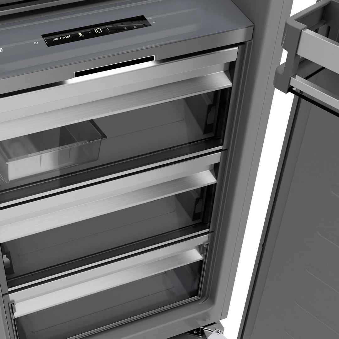 ZLINE Autograph Edition 18 in. 8.6 cu. ft. Right Hinge Column Freezer in Satin Stainless Steel with Graphite Gray Interior and Polished Gold Accents (RCFVRZ-SN-18-G)