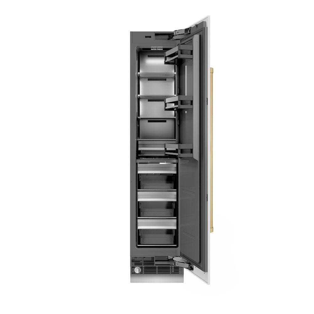 ZLINE Autograph Edition 18 in. 8.6 cu. ft. Right Hinge Column Freezer in White Matte with Graphite Gray Interior and Champagne Bronze Accents (RCFVRZ-WM-18-CB)