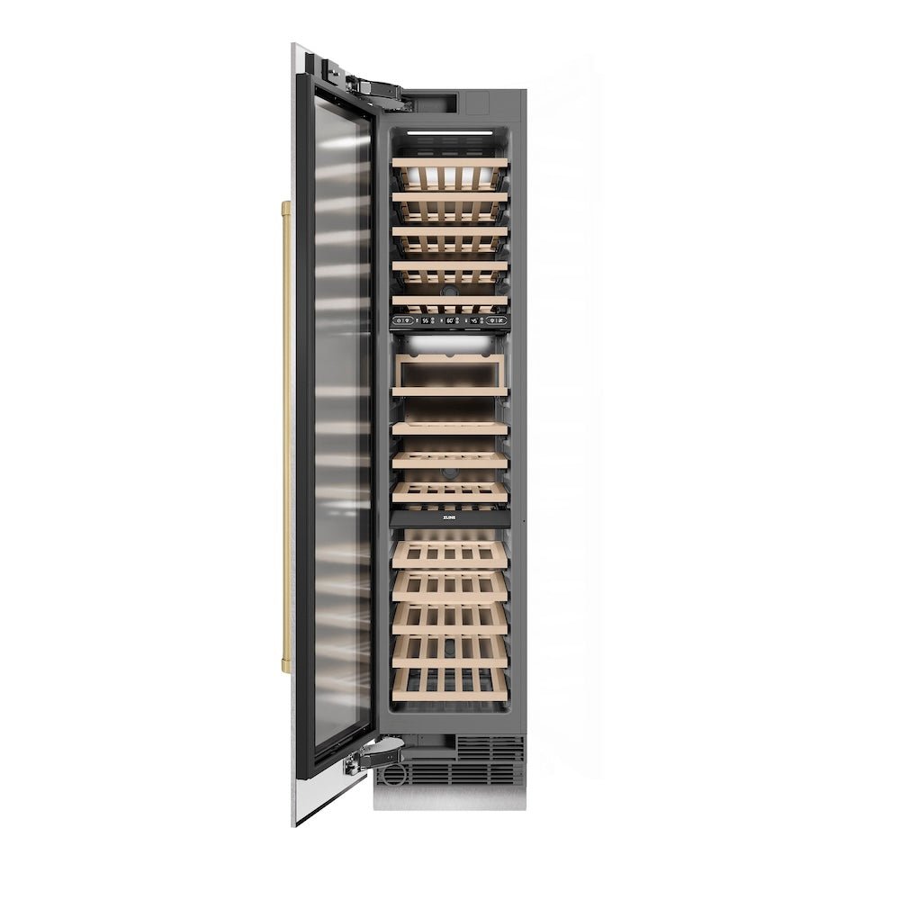 ZLINE Autograph Edition 18 in. 9.0 cu. ft. Triple Zone 68 Bottle Left Hinge Column Wine Cooler in Satin Stainless Steel with Champagne Bronze Accents (RCWVLZ-SN-18-CB)