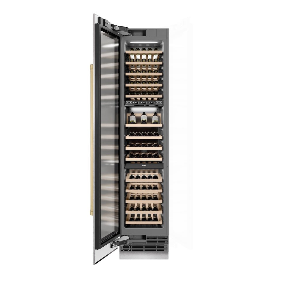 ZLINE Autograph Edition 18 in. 9.0 cu. ft. Triple Zone 68 Bottle Left Hinge Column Wine Cooler in Satin Stainless Steel with Champagne Bronze Accents (RCWVLZ-SN-18-CB)