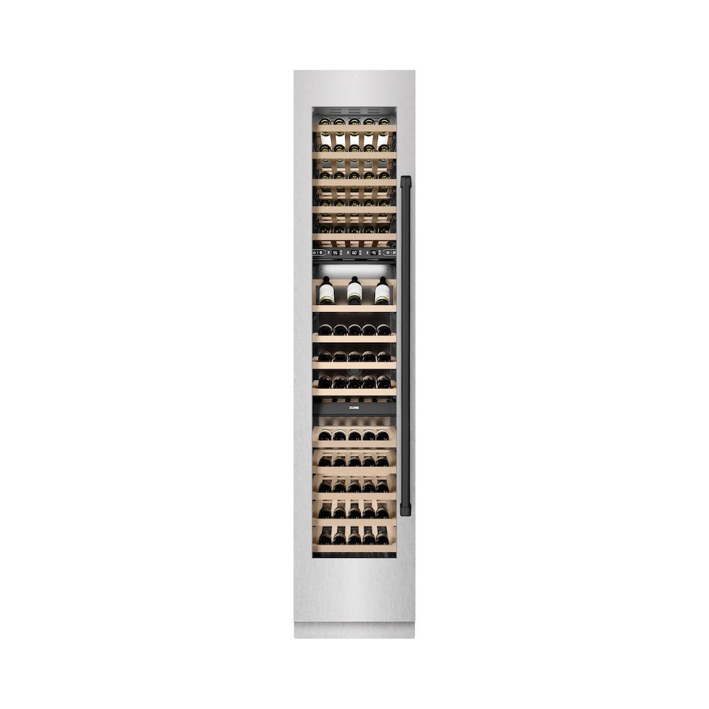 ZLINE Autograph Edition 18 in. 9.0 cu. ft. Triple Zone 68 Bottle Left Hinge Column Wine Cooler in Satin Stainless Steel with Matte Black Accents (RCWVLZ-SN-18-MB)