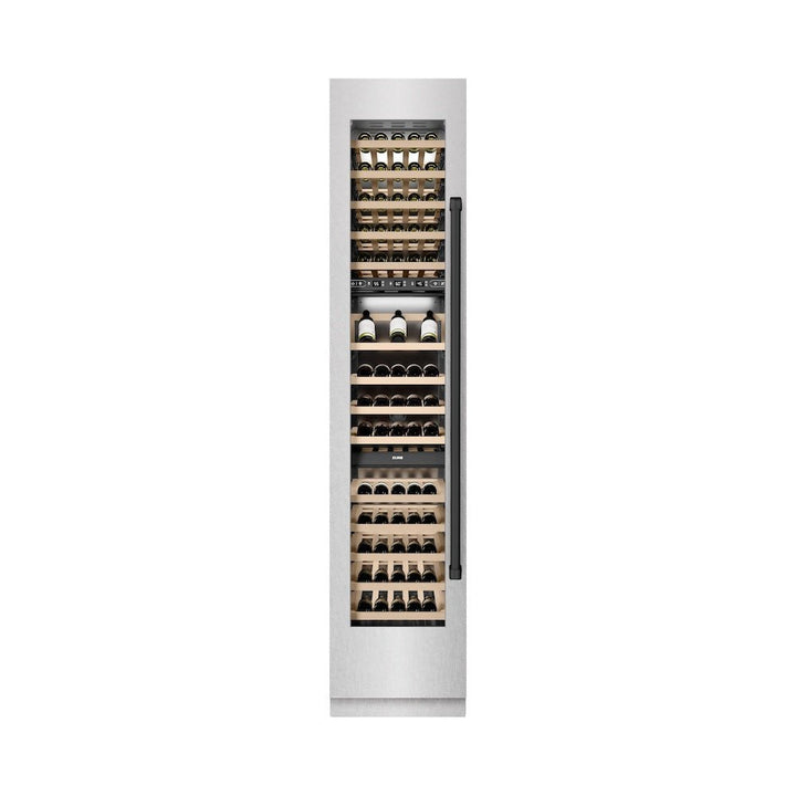 ZLINE Autograph Edition 18 in. 9.0 cu. ft. Triple Zone 68 Bottle Left Hinge Column Wine Cooler in Satin Stainless Steel with Matte Black Accents (RCWVLZ-SN-18-MB)