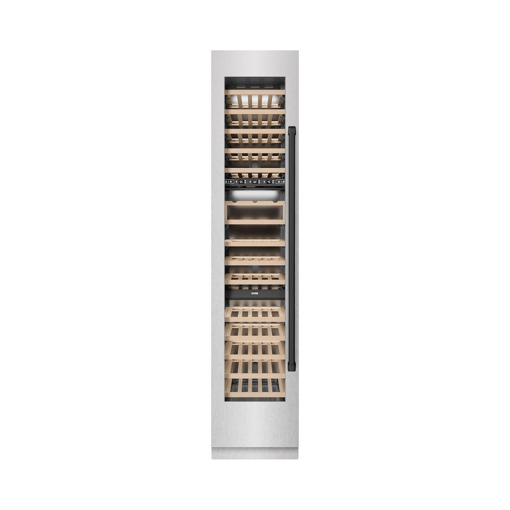 ZLINE Autograph Edition 18 in. 9.0 cu. ft. Triple Zone 68 Bottle Left Hinge Column Wine Cooler in Satin Stainless Steel with Matte Black Accents (RCWVLZ-SN-18-MB)