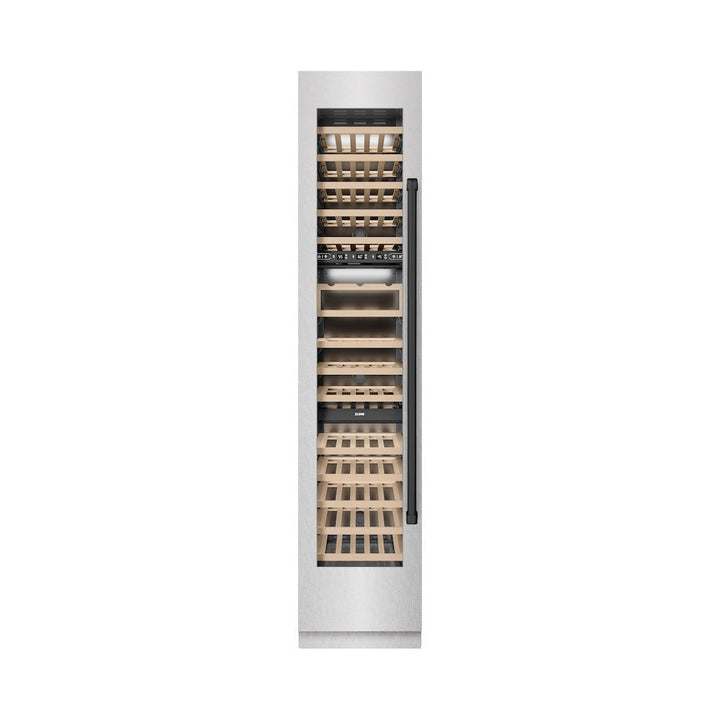 ZLINE Autograph Edition 18 in. 9.0 cu. ft. Triple Zone 68 Bottle Left Hinge Column Wine Cooler in Satin Stainless Steel with Matte Black Accents (RCWVLZ-SN-18-MB)