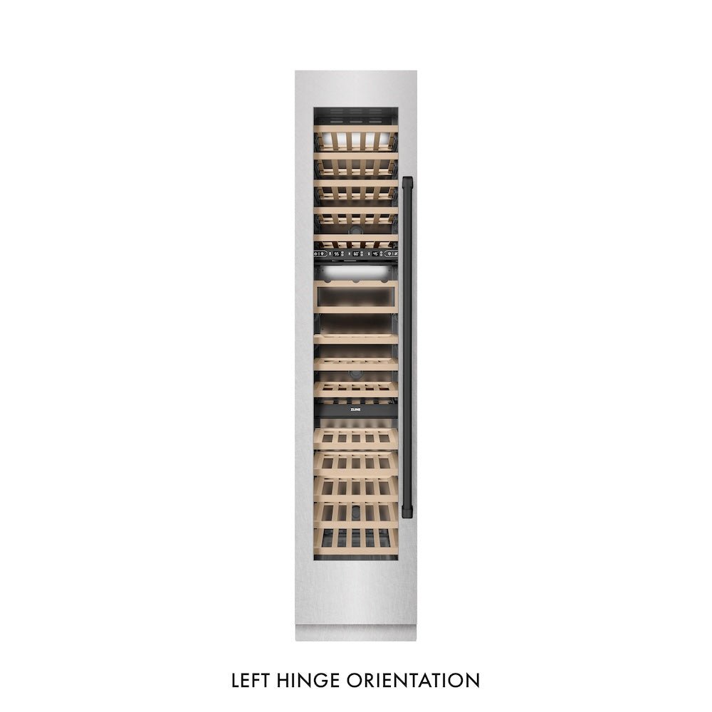 ZLINE Autograph Edition 18 in. 9.0 cu. ft. Triple Zone 68 Bottle Left Hinge Column Wine Cooler in Satin Stainless Steel with Matte Black Accents (RCWVLZ-SN-18-MB)