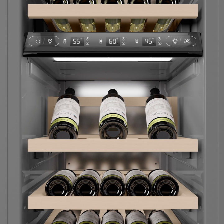 ZLINE Autograph Edition 18 in. 9.0 cu. ft. Triple Zone 68 Bottle Left Hinge Column Wine Cooler in Satin Stainless Steel with Polished Gold Accents (RCWVLZ-SN-18-G)