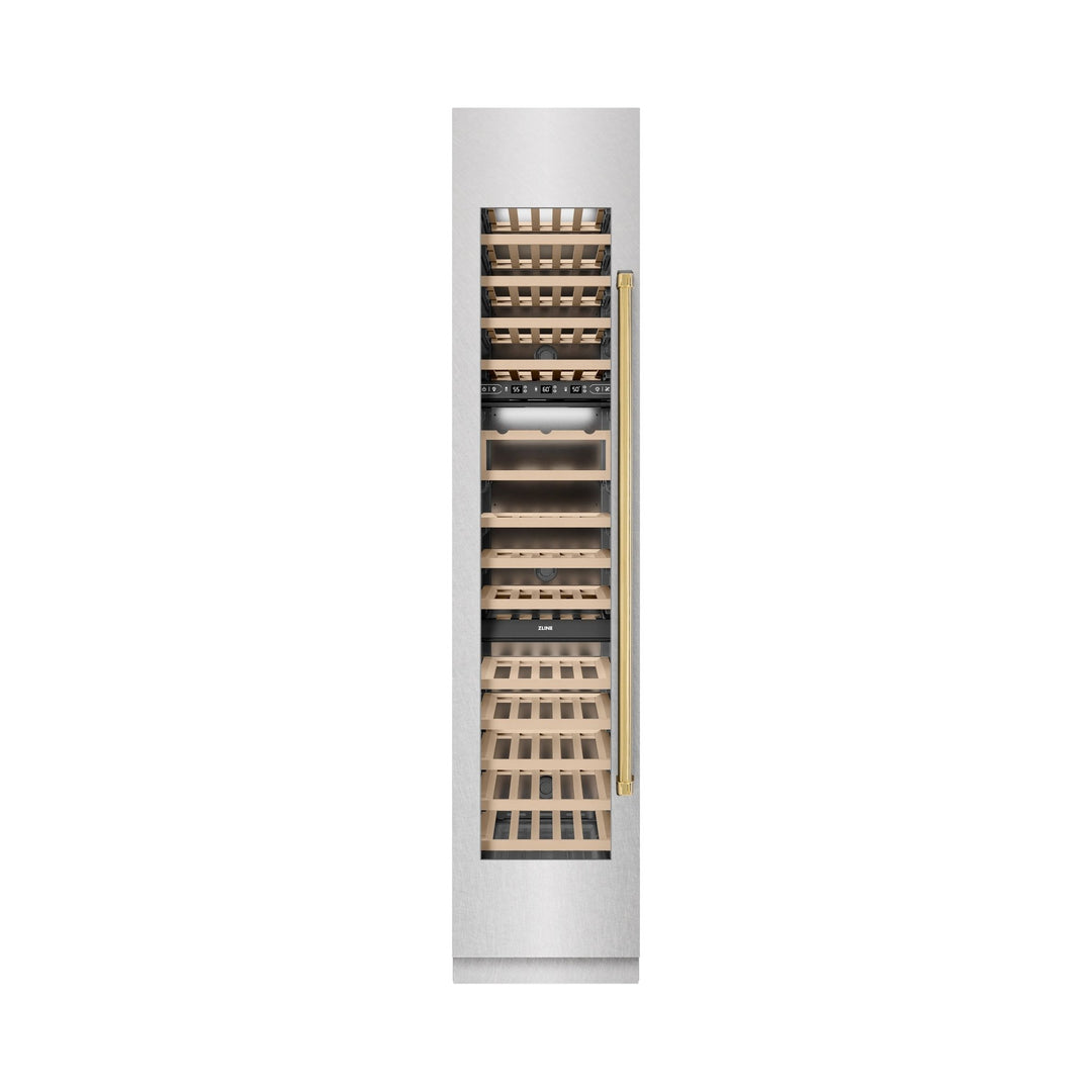 ZLINE Autograph Edition 18 in. 9.0 cu. ft. Triple Zone 68 Bottle Left Hinge Column Wine Cooler in Satin Stainless Steel with Polished Gold Accents (RCWVLZ-SN-18-G)