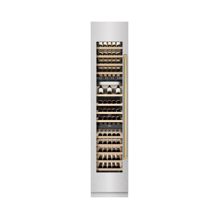 ZLINE Autograph Edition 18 in. 9.0 cu. ft. Triple Zone 68 Bottle Left Hinge Column Wine Cooler in Satin Stainless Steel with Polished Gold Accents (RCWVLZ-SN-18-G)