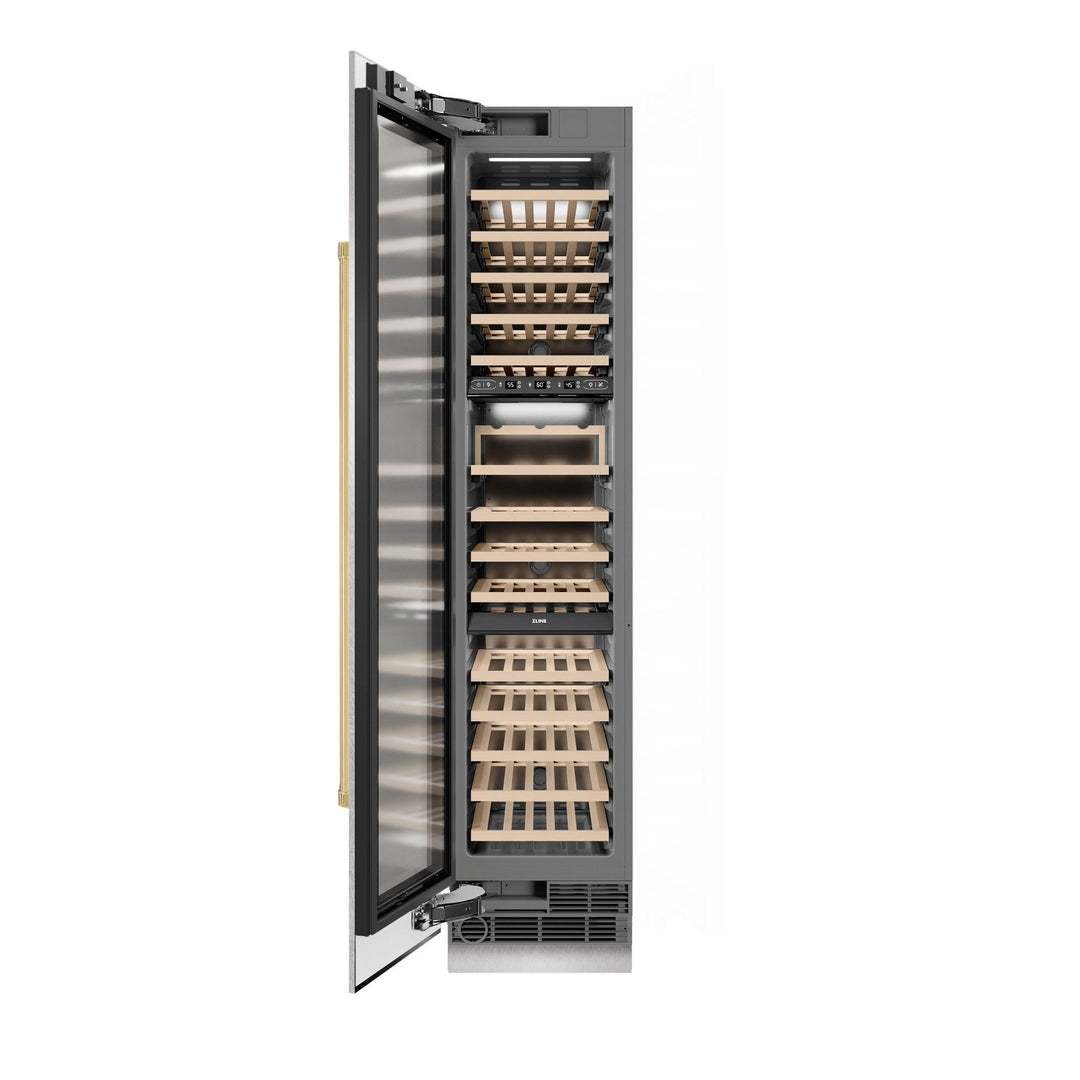 ZLINE Autograph Edition 18 in. 9.0 cu. ft. Triple Zone 68 Bottle Left Hinge Column Wine Cooler in Satin Stainless Steel with Polished Gold Accents (RCWVLZ-SN-18-G)