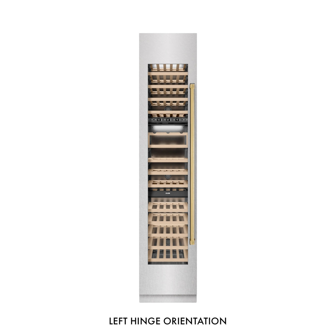 ZLINE Autograph Edition 18 in. 9.0 cu. ft. Triple Zone 68 Bottle Left Hinge Column Wine Cooler in Satin Stainless Steel with Polished Gold Accents (RCWVLZ-SN-18-G)
