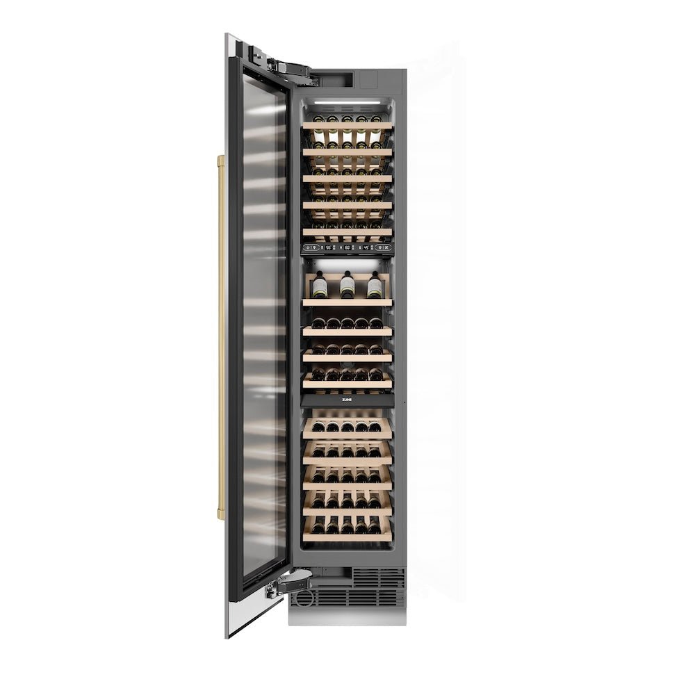 ZLINE Autograph Edition 18 in. 9.0 cu. ft. Triple Zone 68 Bottle Left Hinge Column Wine Cooler in Stainless Steel with Champagne Bronze Accents (RCWVLZ-30418-CB)