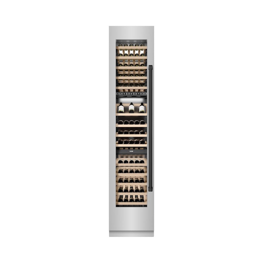 ZLINE Autograph Edition 18 in. 9.0 cu. ft. Triple Zone 68 Bottle Left Hinge Column Wine Cooler in Stainless Steel with Matte Black Accents (RCWVLZ-30418-MB)