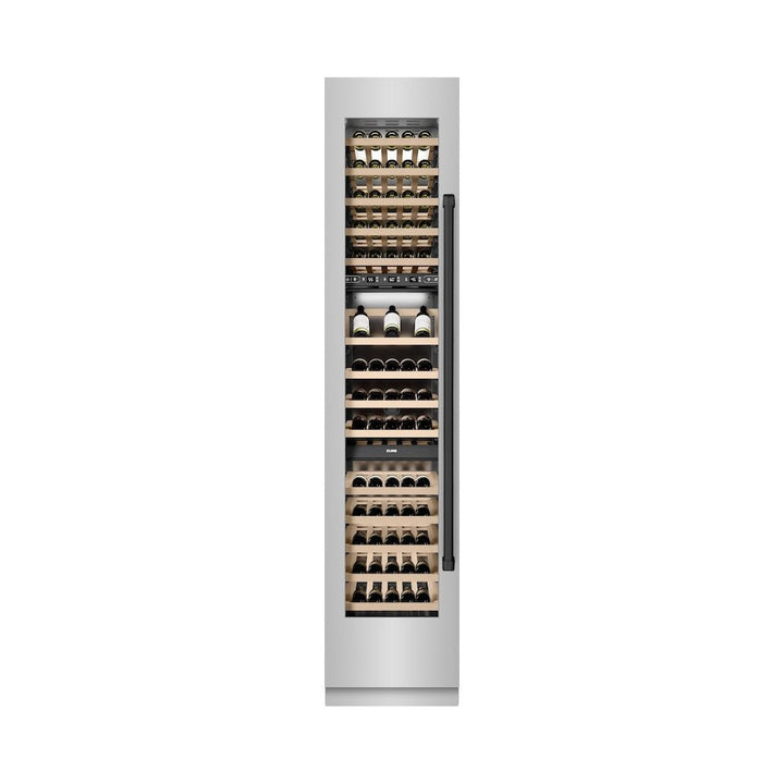 ZLINE Autograph Edition 18 in. 9.0 cu. ft. Triple Zone 68 Bottle Left Hinge Column Wine Cooler in Stainless Steel with Matte Black Accents (RCWVLZ-30418-MB)