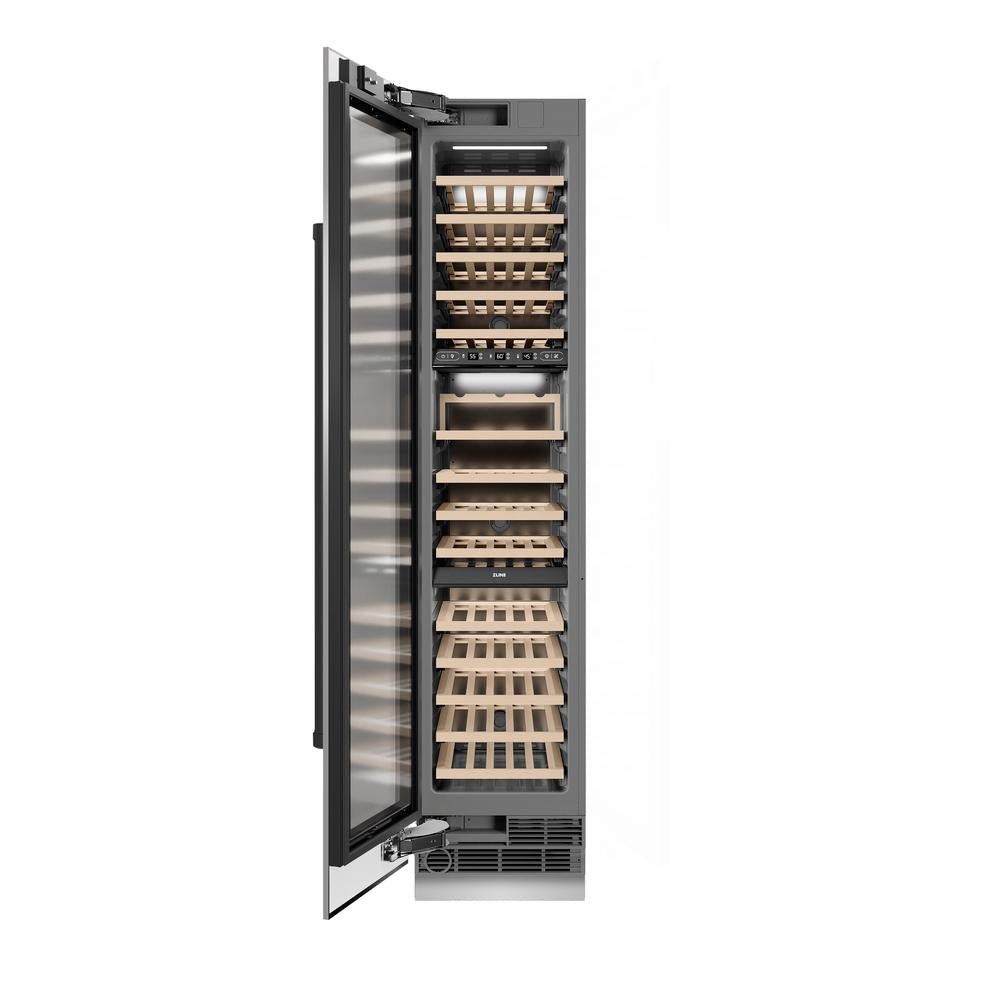 ZLINE Autograph Edition 18 in. 9.0 cu. ft. Triple Zone 68 Bottle Left Hinge Column Wine Cooler in Stainless Steel with Matte Black Accents (RCWVLZ-30418-MB)