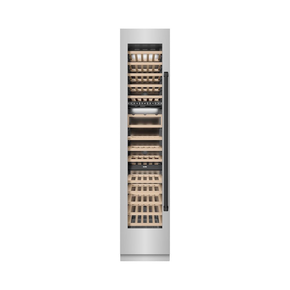 ZLINE Autograph Edition 18 in. 9.0 cu. ft. Triple Zone 68 Bottle Left Hinge Column Wine Cooler in Stainless Steel with Matte Black Accents (RCWVLZ-30418-MB)