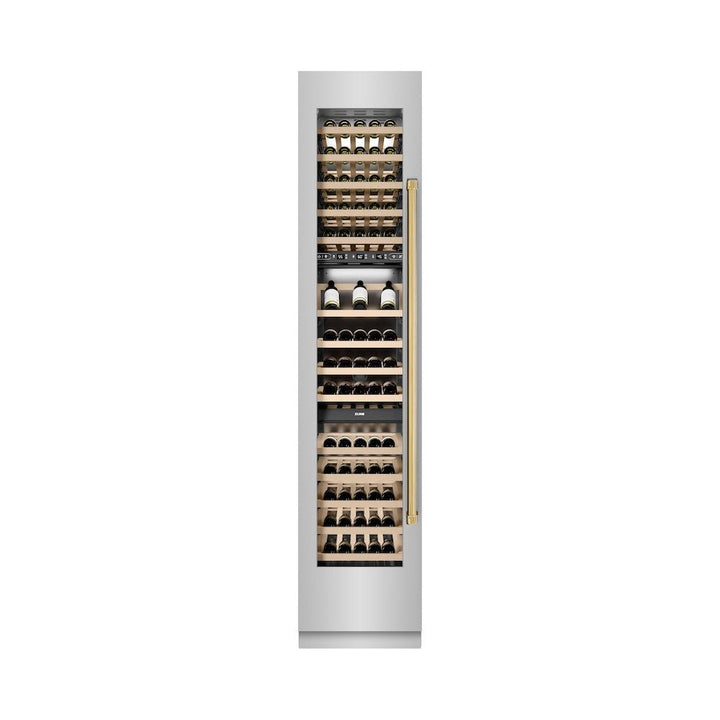 ZLINE Autograph Edition 18 in. 9.0 cu. ft. Triple Zone 68 Bottle Left Hinge Column Wine Cooler in Stainless Steel with Polished Gold Accents (RCWVLZ-30418-G)