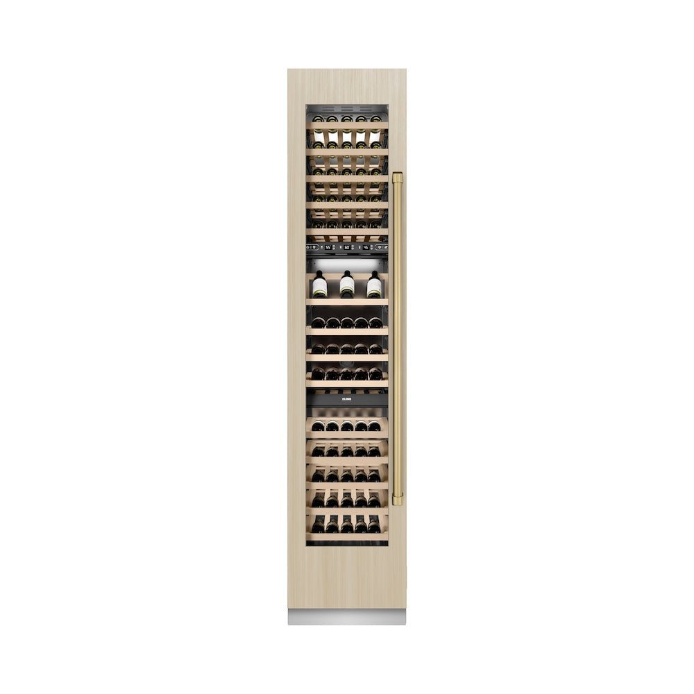ZLINE Autograph Edition 18 in. 9.0 cu. ft. Triple Zone 68 Bottle Panel Ready Left Hinge Column Wine Cooler with Champagne Bronze Accents (RBCWVLZ-18-CB)