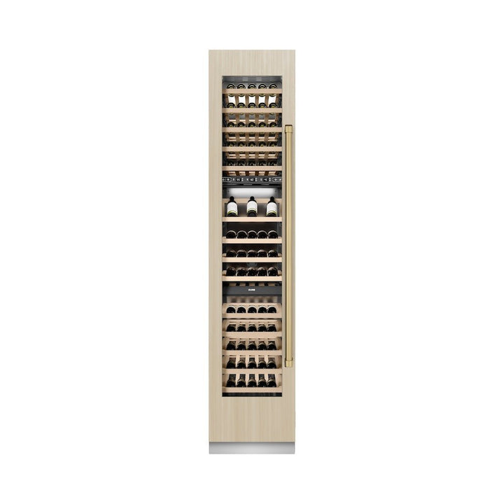 ZLINE Autograph Edition 18 in. 9.0 cu. ft. Triple Zone 68 Bottle Panel Ready Left Hinge Column Wine Cooler with Champagne Bronze Accents (RBCWVLZ-18-CB)