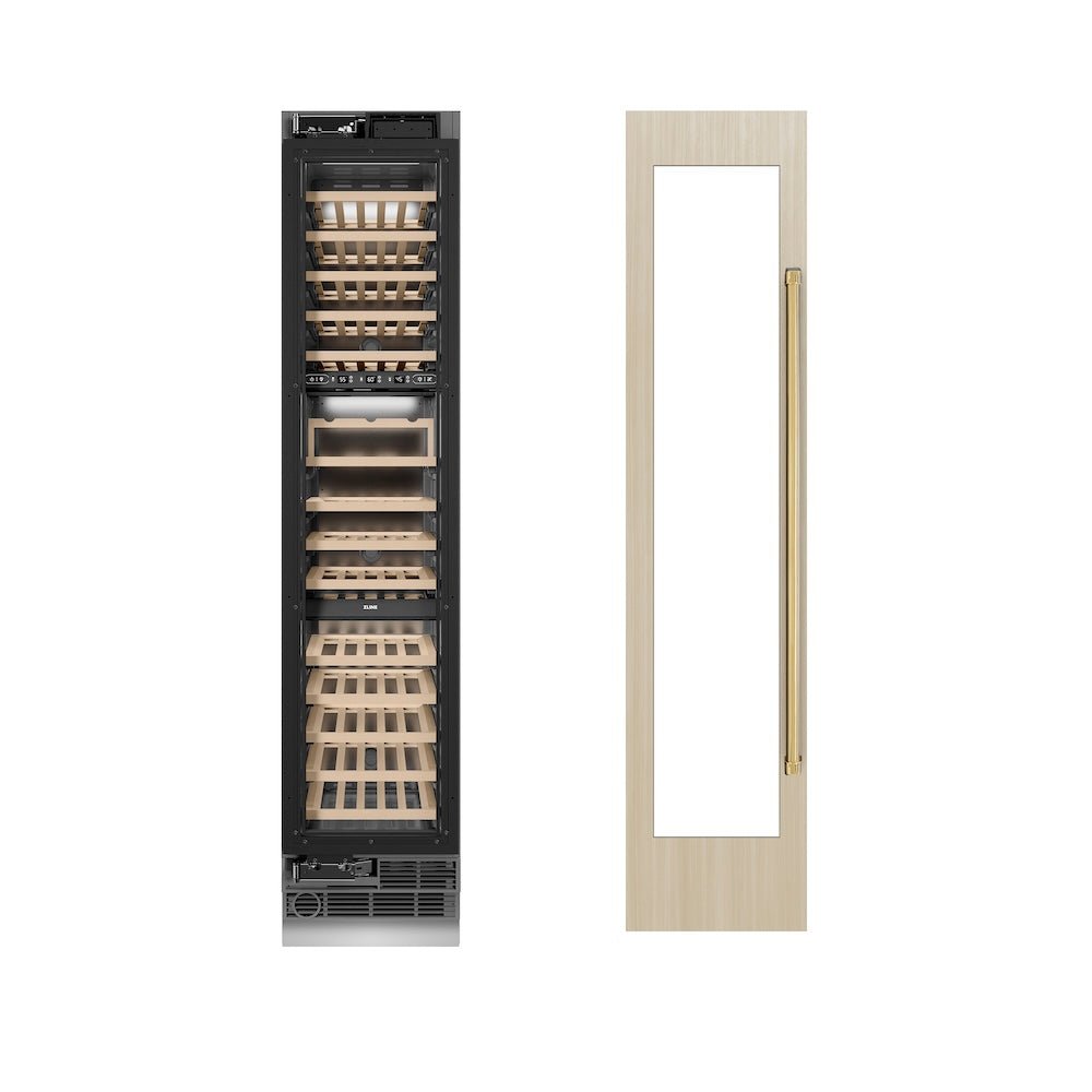 ZLINE Autograph Edition 18 in. 9.0 cu. ft. Triple Zone 68 Bottle Panel Ready Left Hinge Column Wine Cooler with Polished Gold Accents (RBCWVLZ-18-G)