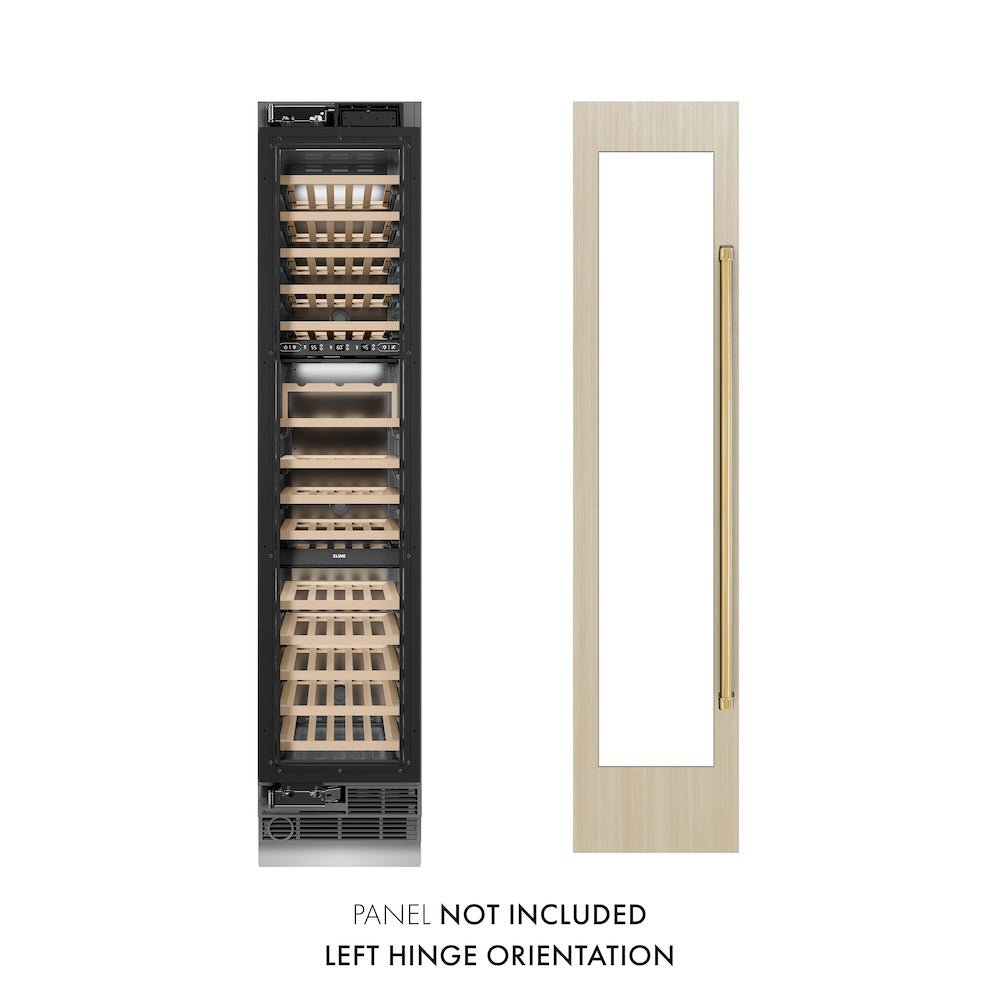 ZLINE Autograph Edition 18 in. 9.0 cu. ft. Triple Zone 68 Bottle Panel Ready Left Hinge Column Wine Cooler with Polished Gold Accents (RBCWVLZ-18-G)