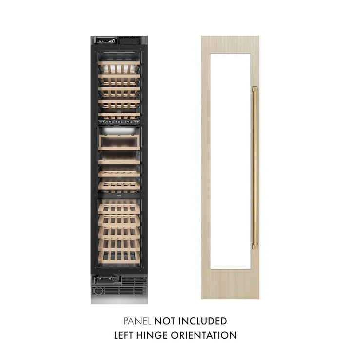 ZLINE Autograph Edition 18 in. 9.0 cu. ft. Triple Zone 68 Bottle Panel Ready Left Hinge Column Wine Cooler with Polished Gold Accents (RBCWVLZ-18-G)