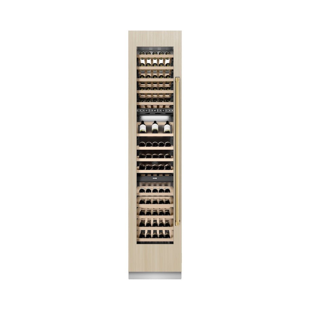 ZLINE Autograph Edition 18 in. 9.0 cu. ft. Triple Zone 68 Bottle Panel Ready Left Hinge Column Wine Cooler with Polished Gold Accents (RBCWVLZ-18-G)