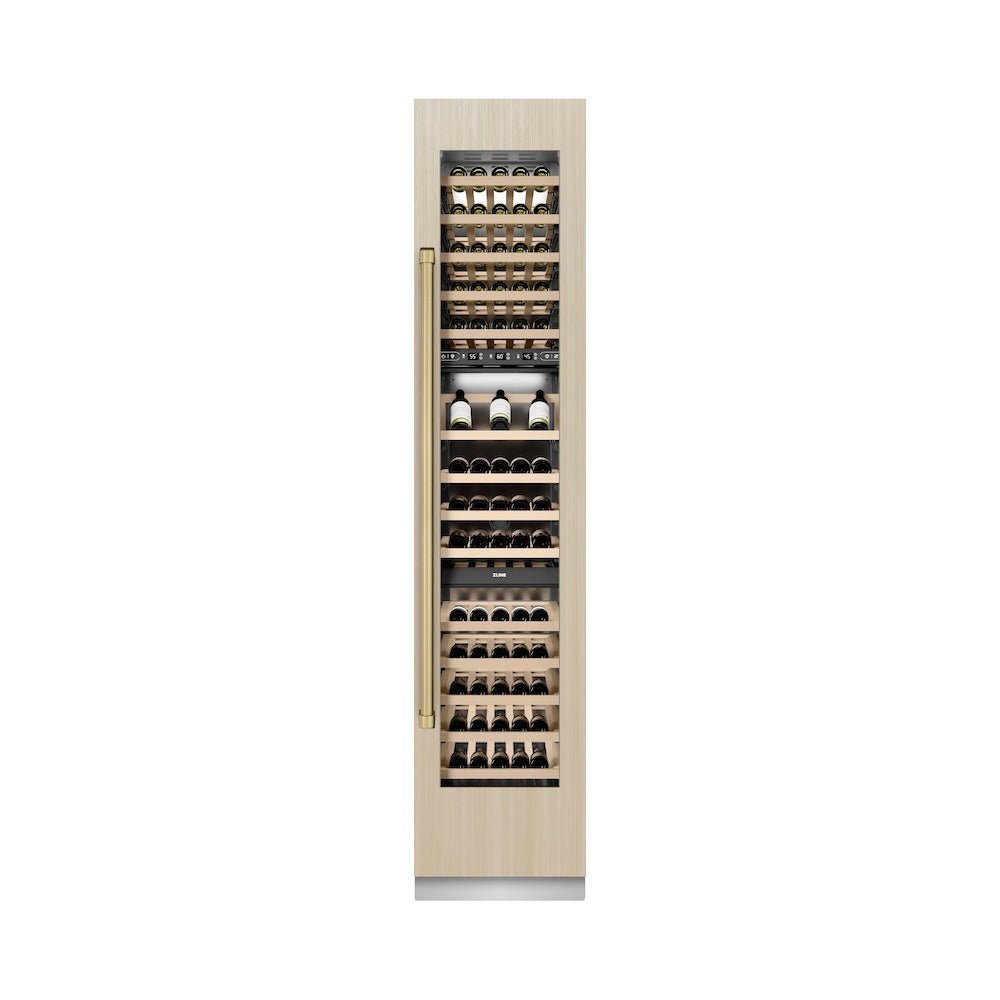 ZLINE Autograph Edition 18 in. 9.0 cu. ft. Triple Zone 68 Bottle Panel Ready Right Hinge Column Wine Cooler with Champagne Bronze Accents (RBCWVRZ-18-CB)
