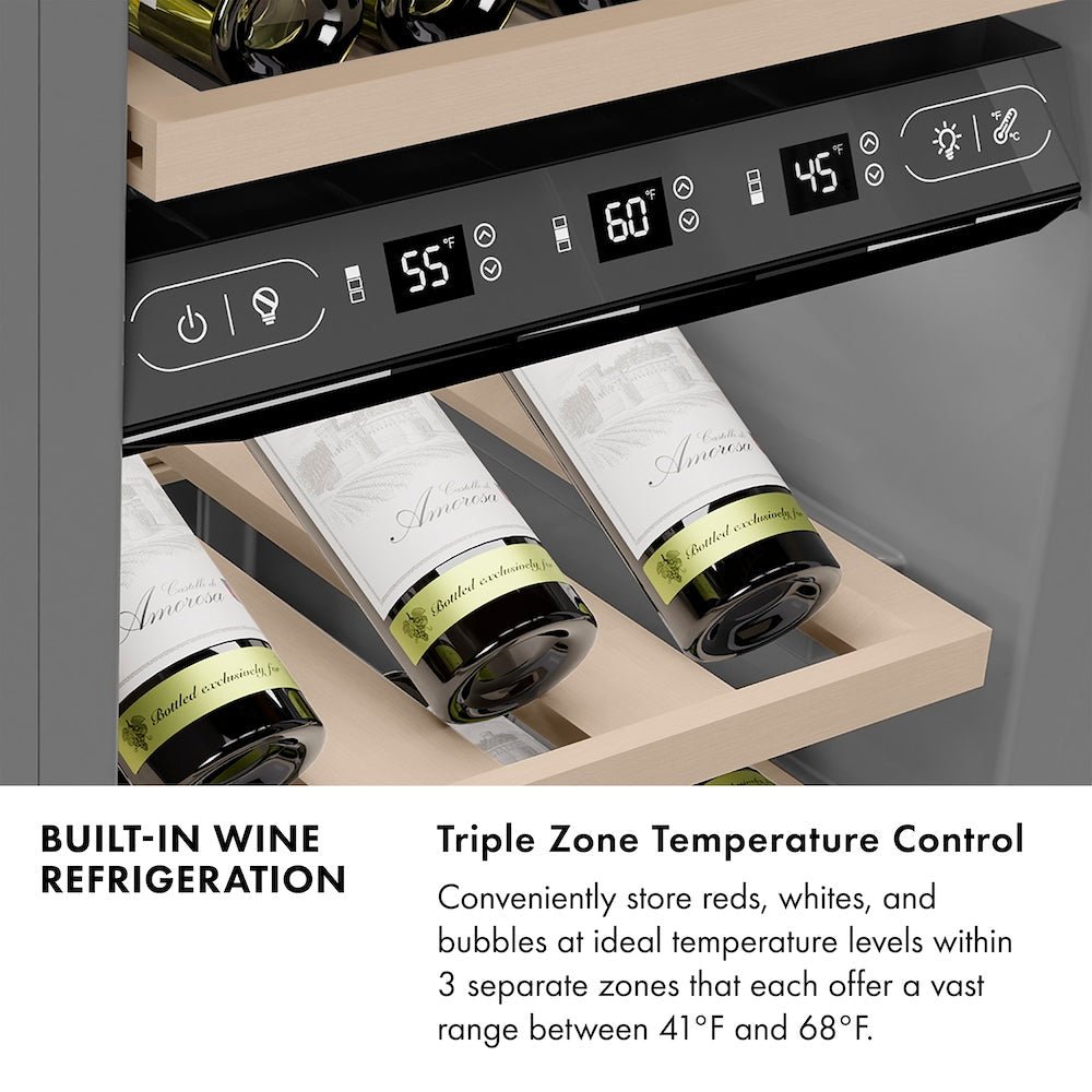 ZLINE Autograph Edition 18 in. 9.0 cu. ft. Triple Zone 68 Bottle Panel Ready Right Hinge Column Wine Cooler with Champagne Bronze Accents (RBCWVRZ-18-CB)