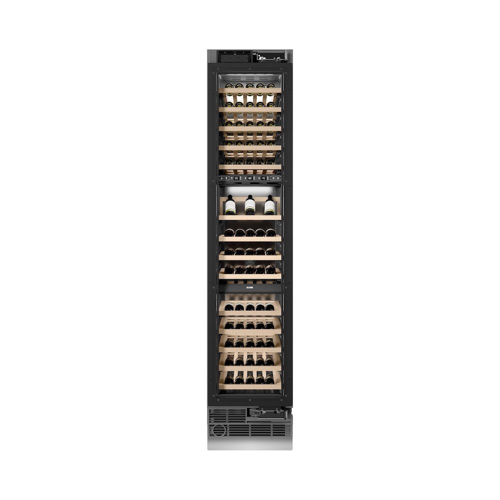 ZLINE Autograph Edition 18 in. 9.0 cu. ft. Triple Zone 68 Bottle Panel Ready Right Hinge Column Wine Cooler with Matte Black Accents (RBCWVRZ-18-MB)