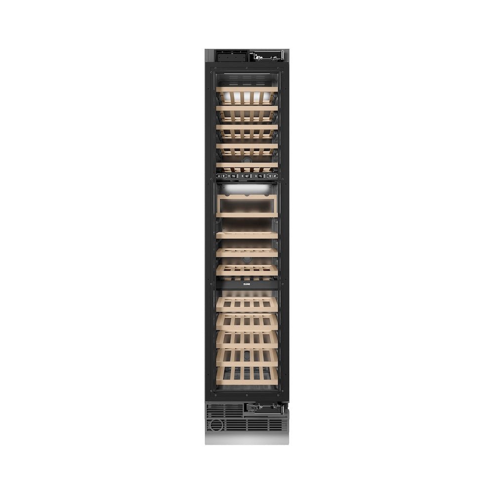 ZLINE Autograph Edition 18 in. 9.0 cu. ft. Triple Zone 68 Bottle Panel Ready Right Hinge Column Wine Cooler with Matte Black Accents (RBCWVRZ-18-MB)