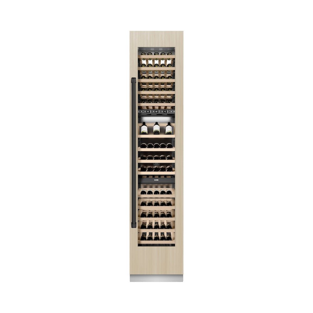 ZLINE Autograph Edition 18 in. 9.0 cu. ft. Triple Zone 68 Bottle Panel Ready Right Hinge Column Wine Cooler with Matte Black Accents (RBCWVRZ-18-MB)