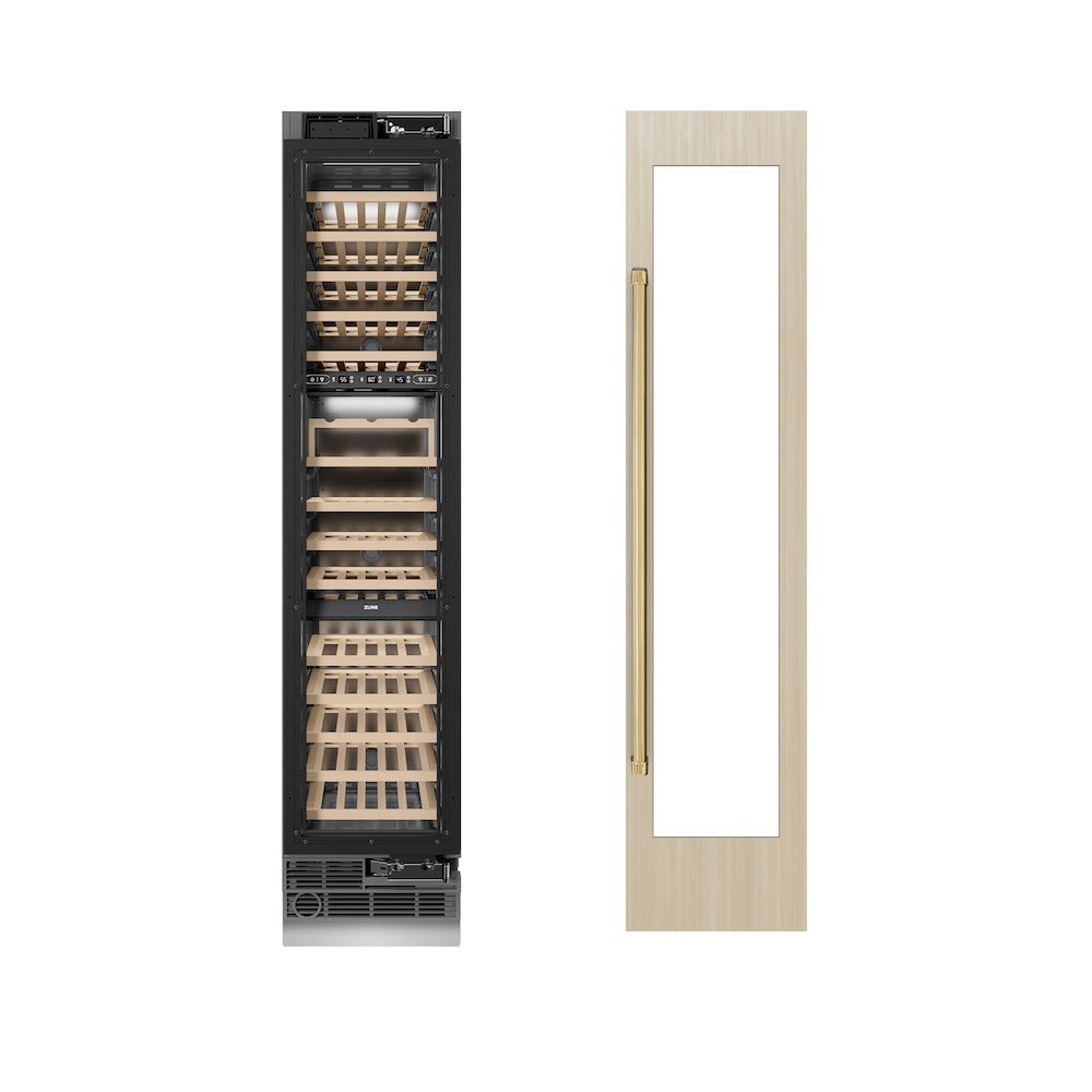 ZLINE Autograph Edition 18 in. 9.0 cu. ft. Triple Zone 68 Bottle Panel Ready Right Hinge Column Wine Cooler with Polished Gold Accents (RBCWVRZ-18-G)