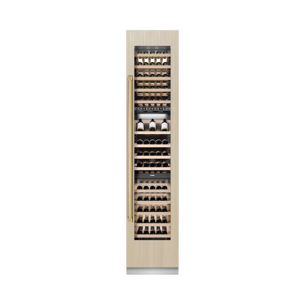 ZLINE Autograph Edition 18 in. 9.0 cu. ft. Triple Zone 68 Bottle Panel Ready Right Hinge Column Wine Cooler with Polished Gold Accents (RBCWVRZ-18-G)