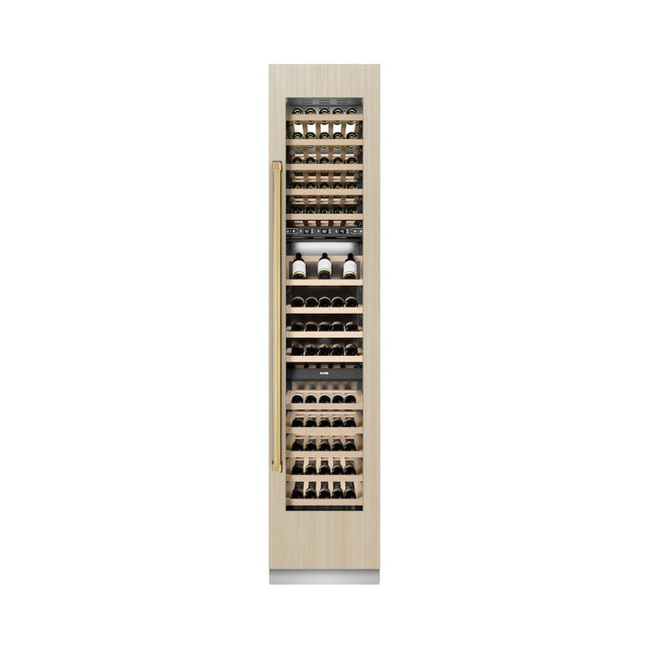 ZLINE Autograph Edition 18 in. 9.0 cu. ft. Triple Zone 68 Bottle Panel Ready Right Hinge Column Wine Cooler with Polished Gold Accents (RBCWVRZ-18-G)
