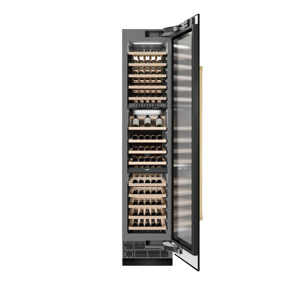 ZLINE Autograph Edition 18 in. 9.0 cu. ft. Triple Zone 68 Bottle Right Hinge Column Wine Cooler in Black Stainless Steel with Polished Gold Accents (RCWVRZ-BS-18-G)