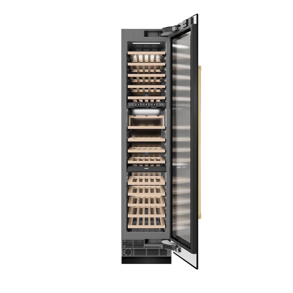 ZLINE Autograph Edition 18 in. 9.0 cu. ft. Triple Zone 68 Bottle Right Hinge Column Wine Cooler in Black Stainless Steel with Polished Gold Accents (RCWVRZ-BS-18-G)