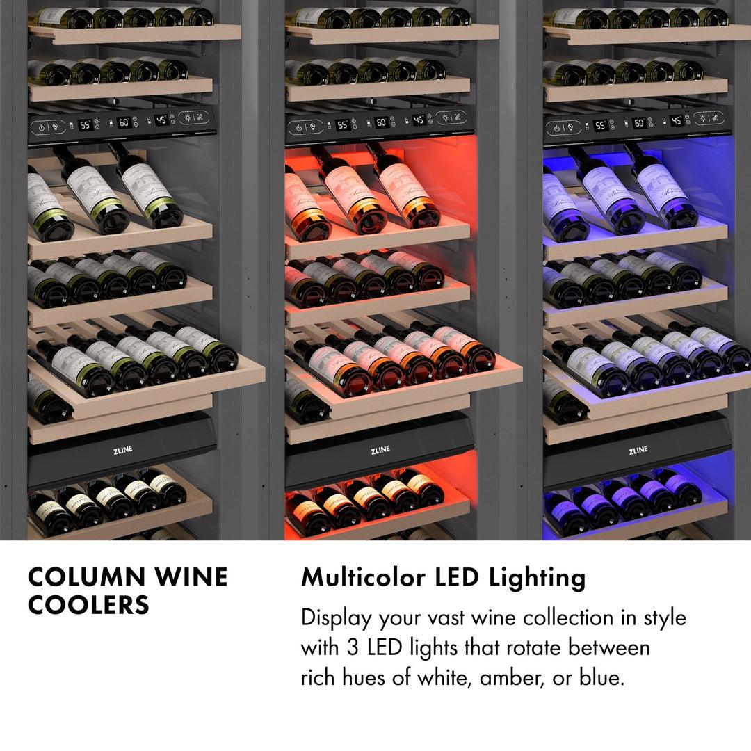 ZLINE Autograph Edition 18 in. 9.0 cu. ft. Triple Zone 68 Bottle Right Hinge Column Wine Cooler in Satin Stainless Steel with Champagne Bronze Accents (RCWVRZ-SN-18-CB)