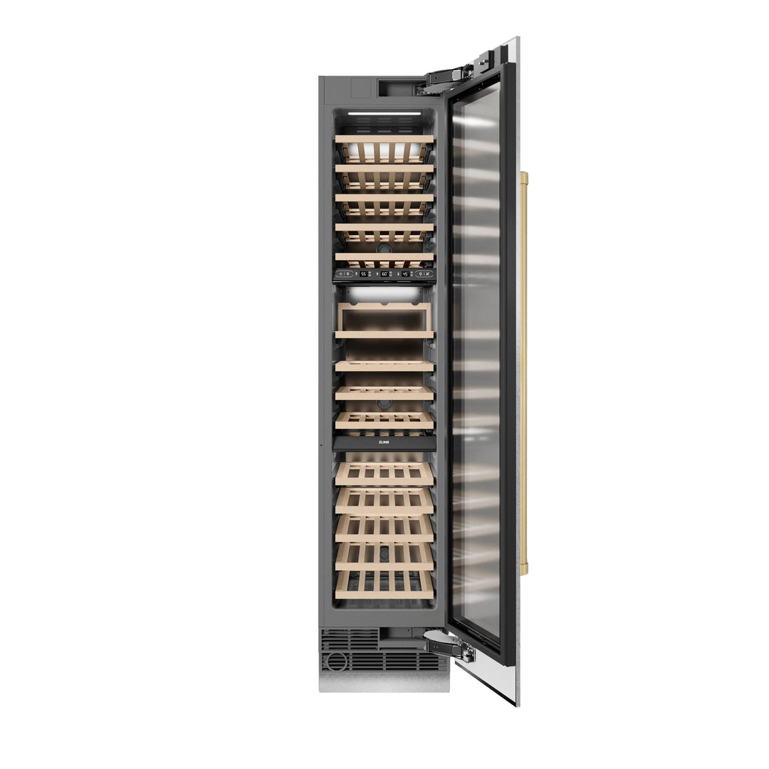 ZLINE Autograph Edition 18 in. 9.0 cu. ft. Triple Zone 68 Bottle Right Hinge Column Wine Cooler in Satin Stainless Steel with Champagne Bronze Accents (RCWVRZ-SN-18-CB)