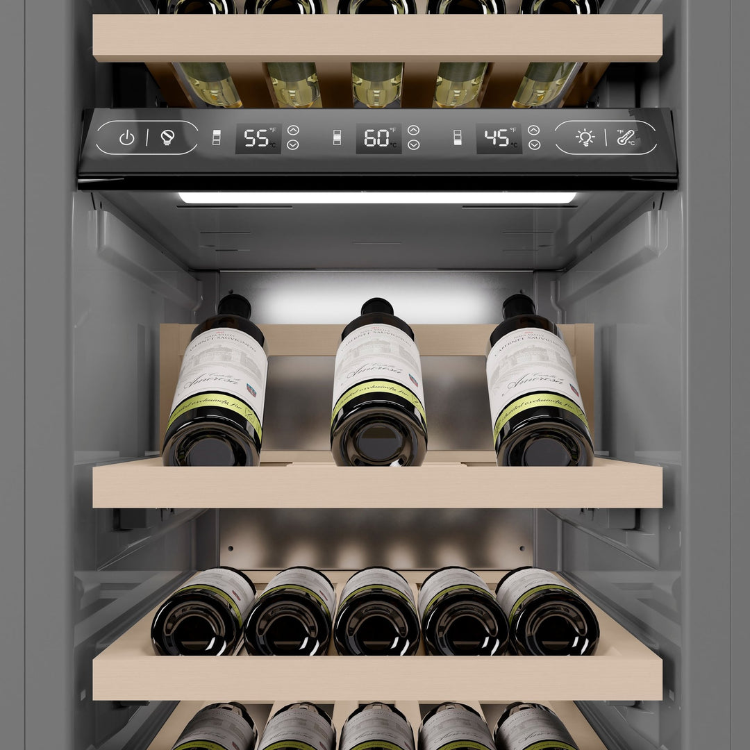 ZLINE Autograph Edition 18 in. 9.0 cu. ft. Triple Zone 68 Bottle Right Hinge Column Wine Cooler in Satin Stainless Steel with Matte Black Accents (RCWVRZ-SN-18-MB)