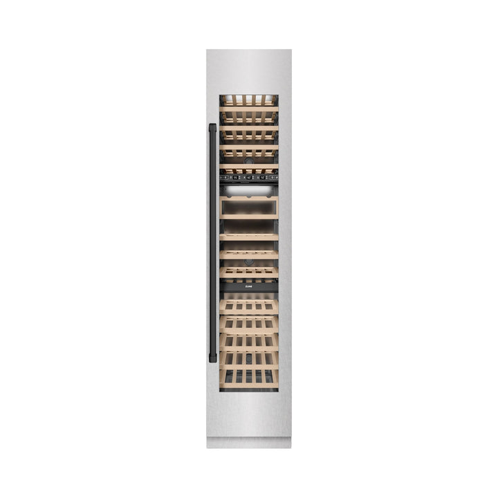 ZLINE Autograph Edition 18 in. 9.0 cu. ft. Triple Zone 68 Bottle Right Hinge Column Wine Cooler in Satin Stainless Steel with Matte Black Accents (RCWVRZ-SN-18-MB)