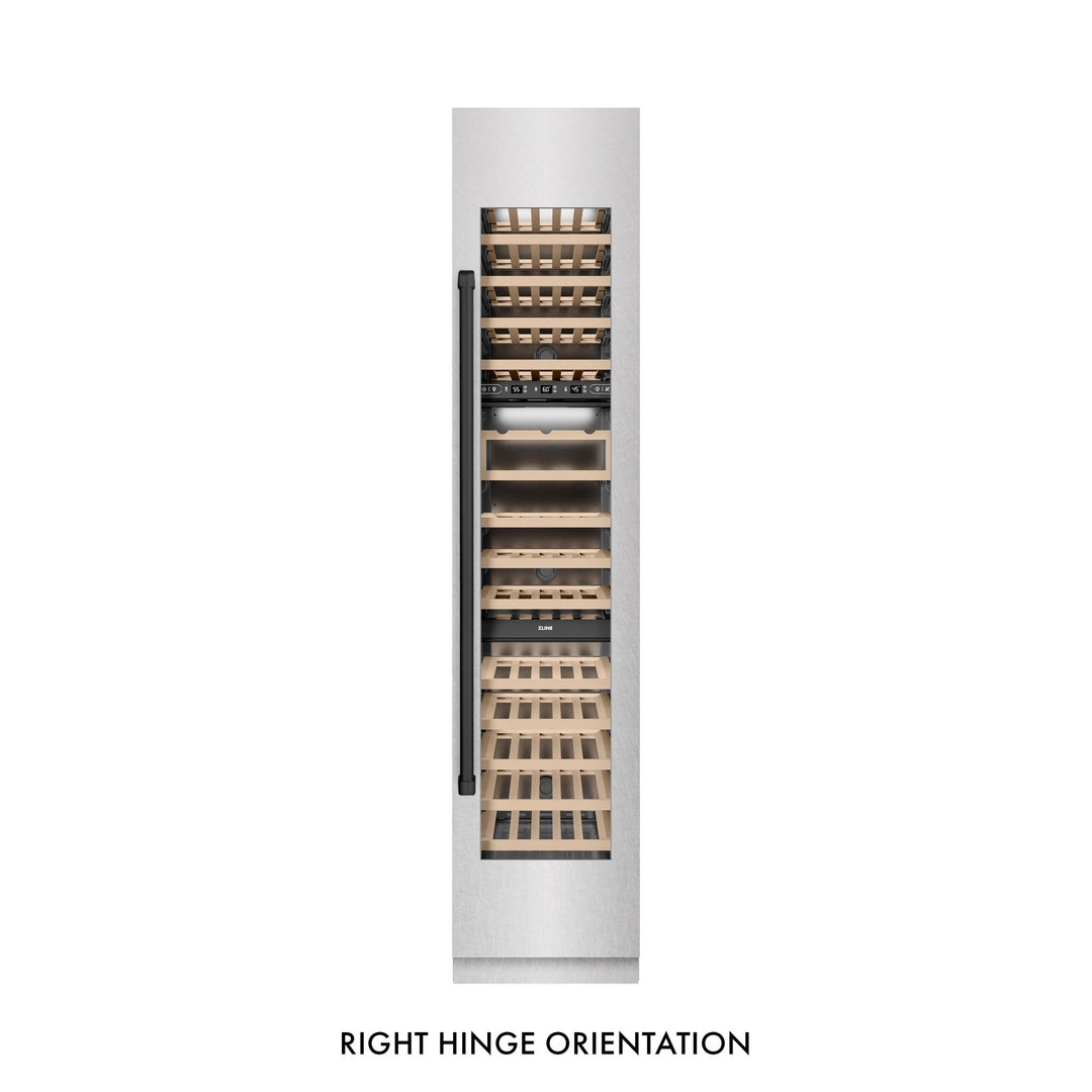 ZLINE Autograph Edition 18 in. 9.0 cu. ft. Triple Zone 68 Bottle Right Hinge Column Wine Cooler in Satin Stainless Steel with Matte Black Accents (RCWVRZ-SN-18-MB)