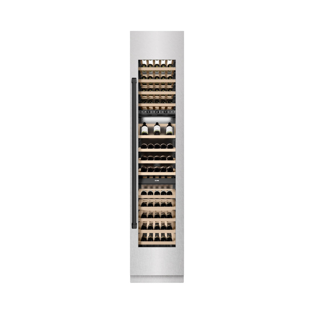 ZLINE Autograph Edition 18 in. 9.0 cu. ft. Triple Zone 68 Bottle Right Hinge Column Wine Cooler in Satin Stainless Steel with Matte Black Accents (RCWVRZ-SN-18-MB)