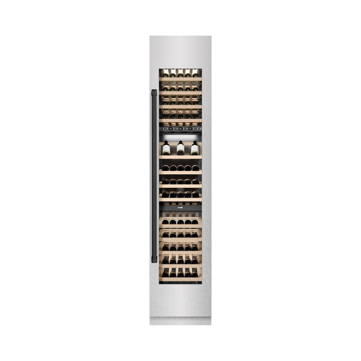 ZLINE Autograph Edition 18 in. 9.0 cu. ft. Triple Zone 68 Bottle Right Hinge Column Wine Cooler in Satin Stainless Steel with Matte Black Accents (RCWVRZ-SN-18-MB)